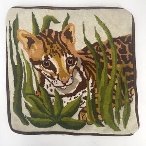Vintage Needlepoint Pillow Cover Ocelot Wild Cat Jungle Grass Grandmillennial